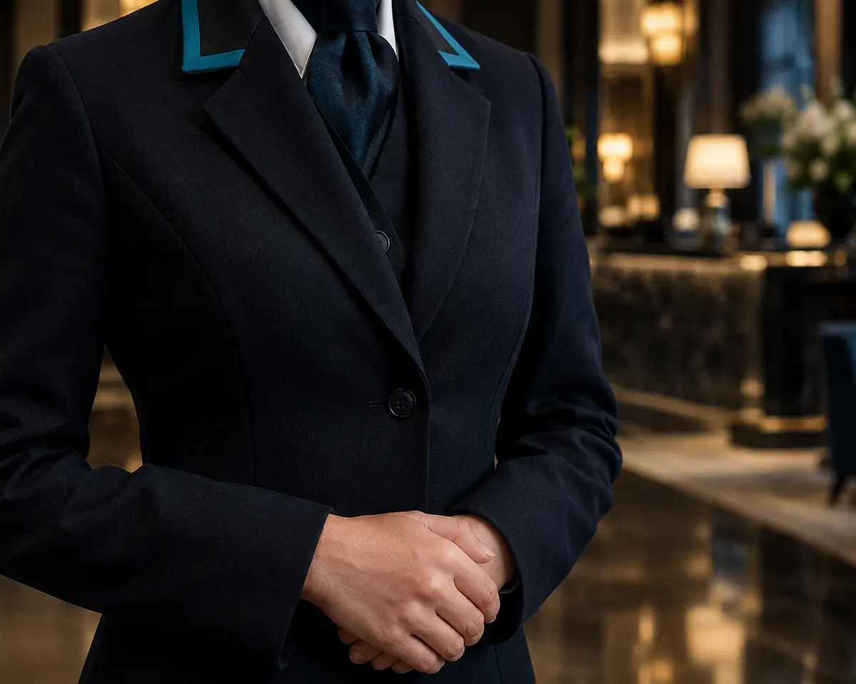 Americana negra con cuello ribeteado en verde azulado, en el vestíbulo de un hotel