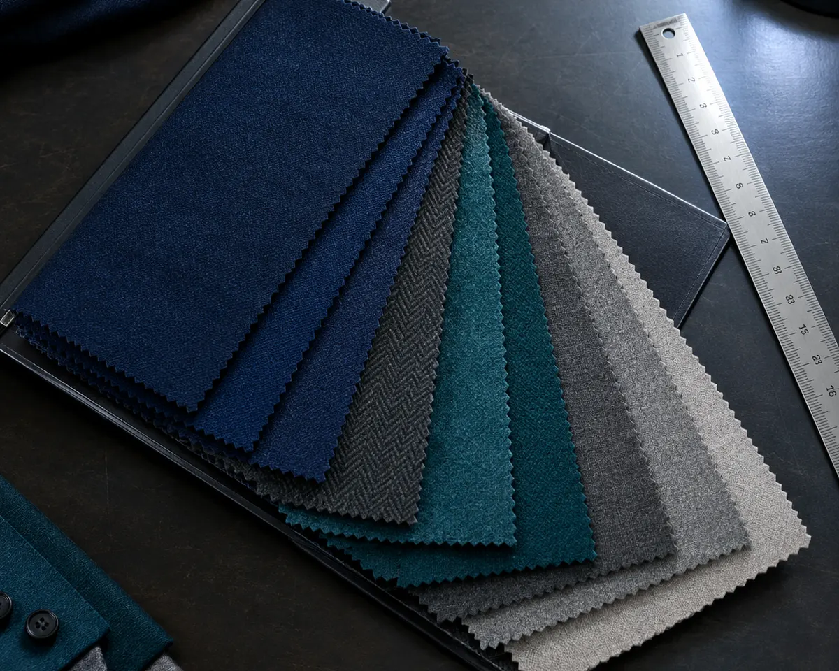 Muestrario de tejidos en azul marino, gris y verde azulado junto a una regla metálica