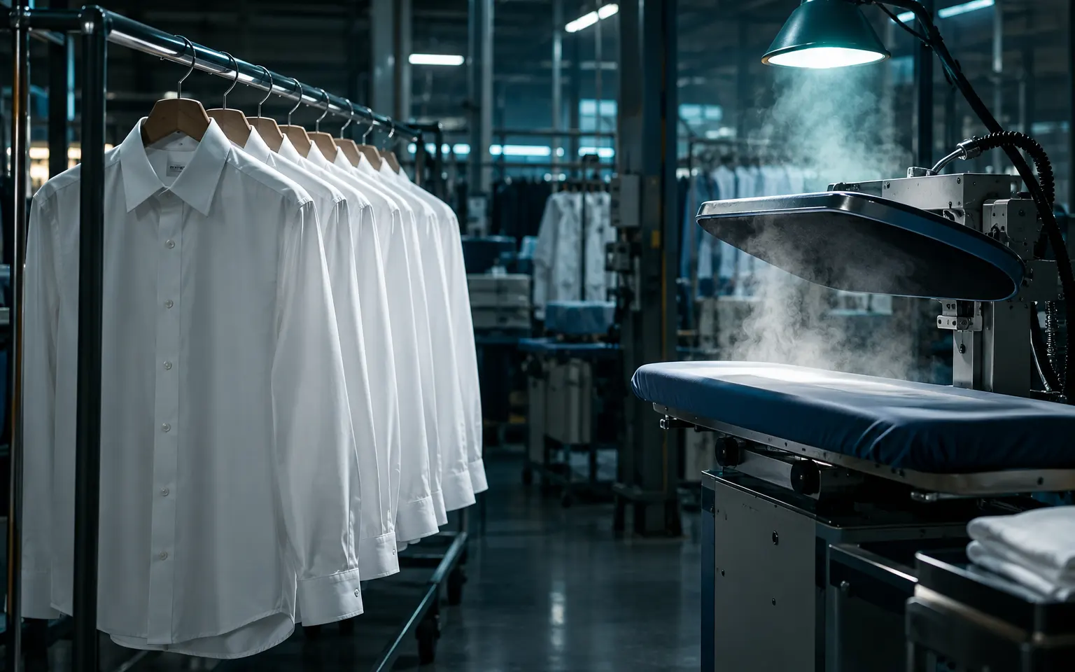 Camisas blancas colgadas en el taller y prensa de planchado con vapor en primer plano