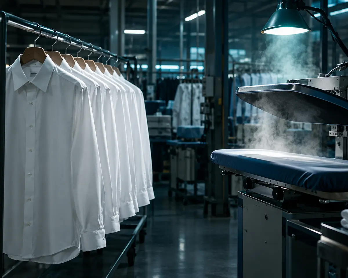 Camisas blancas en el taller, colgadas junto a la prensa de planchado con vapor